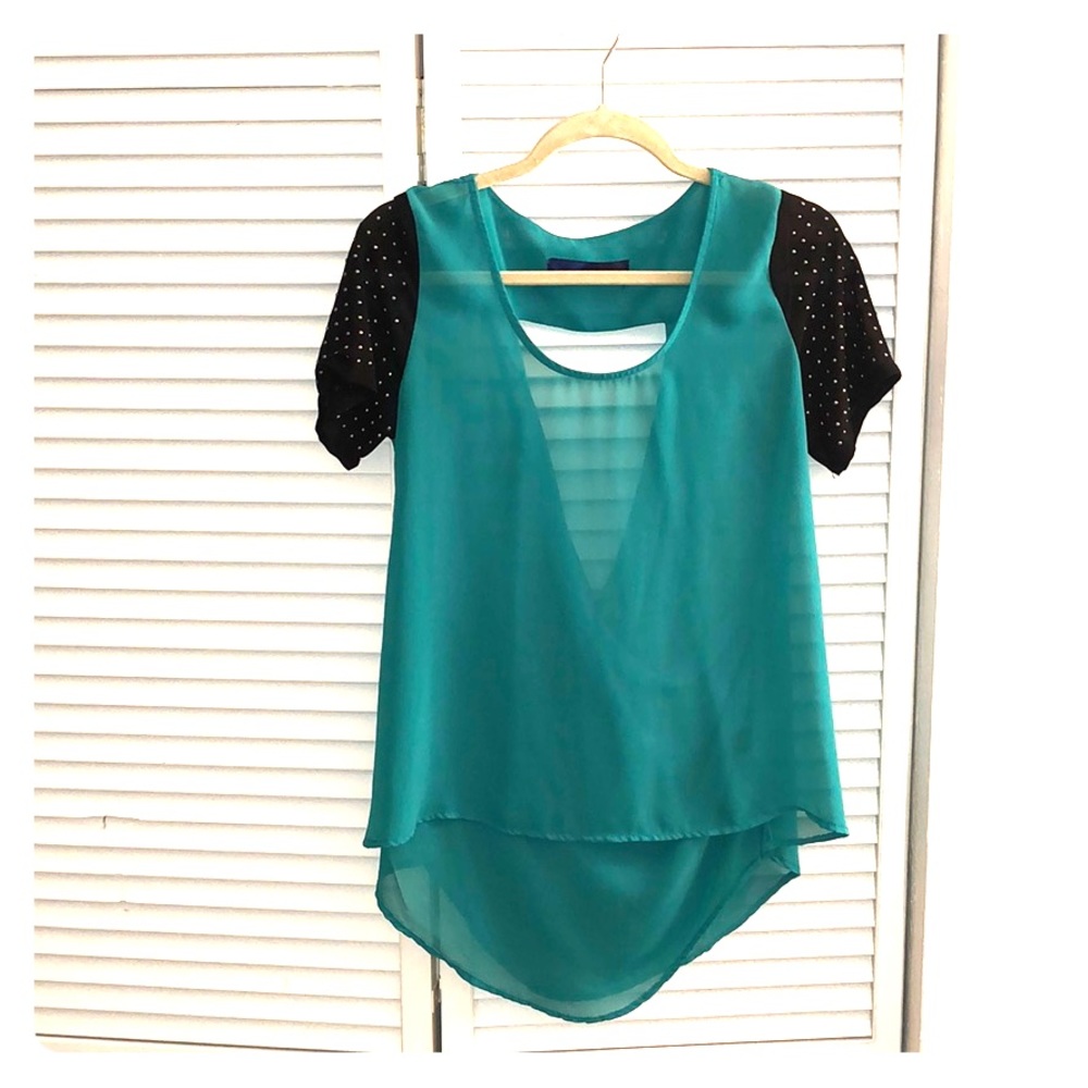 Sheer, teal shirt